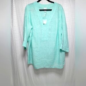 Sigrid Olsen 100% Linen V Neck 3/4 Sleeve Pull On Top. Ladies 1XL NWT